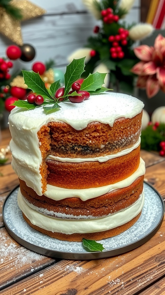 Three-layer Christmas cake decorated with holly and berries on a rustic table.